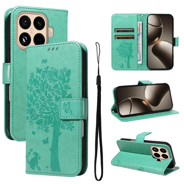 

For Xiaomi 15T Pro 5G Tree & Cat Embossed Pattern Flip Leather Phone Case(Green)