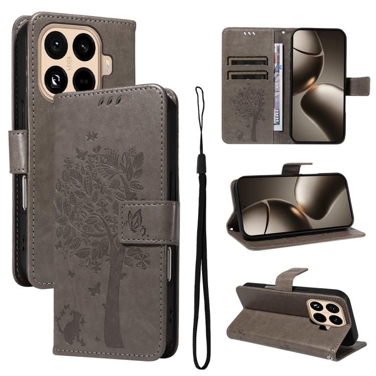 

For Xiaomi 15T Pro 5G Tree & Cat Embossed Pattern Flip Leather Phone Case(Grey)