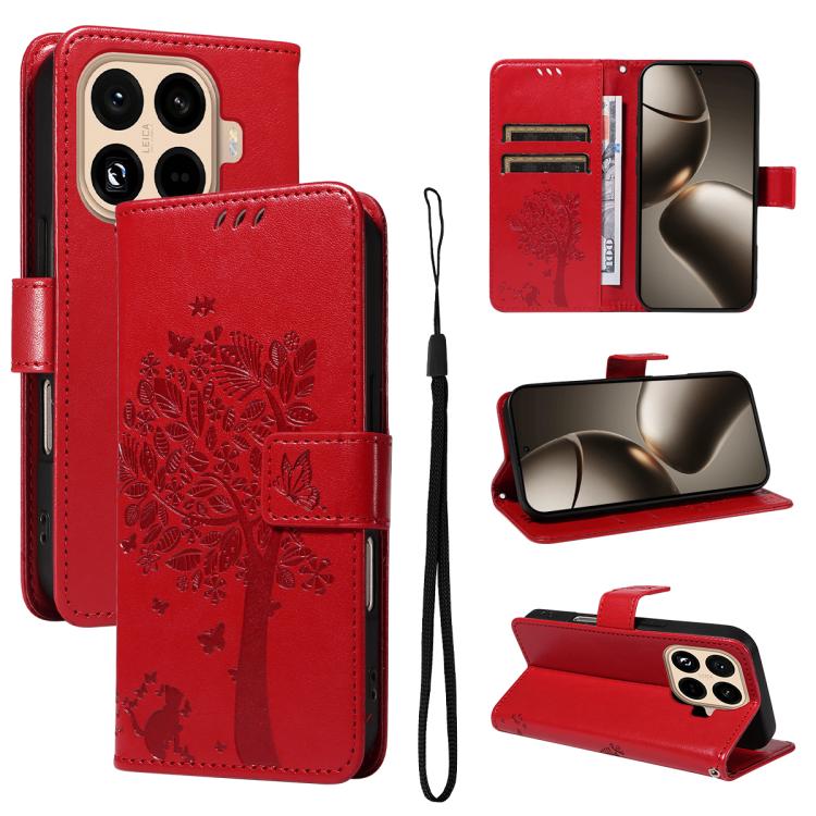 

For Xiaomi 15T Pro 5G Tree & Cat Embossed Pattern Flip Leather Phone Case(Red)