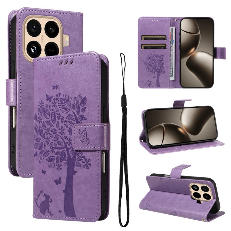 

For Xiaomi 15T Pro 5G Tree & Cat Embossed Pattern Flip Leather Phone Case(Purple)
