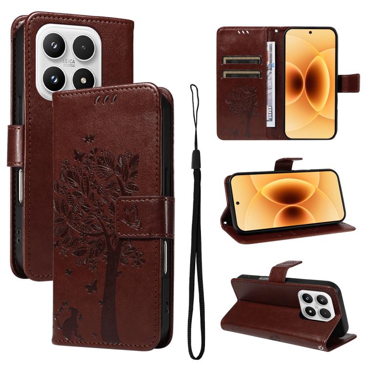 

For Xiaomi 17 Tree & Cat Embossed Pattern Flip Leather Phone Case(Coffee)