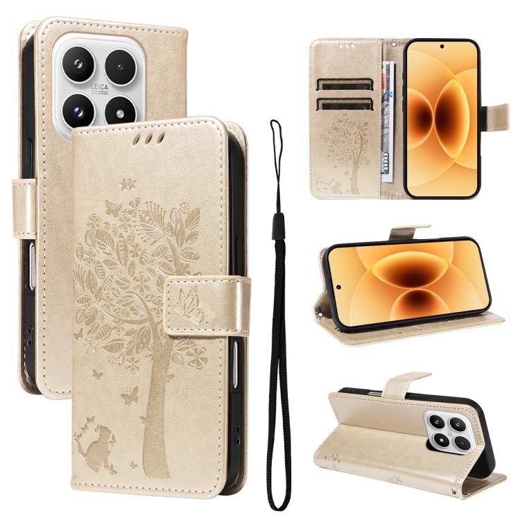 

For Xiaomi 17 Tree & Cat Embossed Pattern Flip Leather Phone Case(Gold)