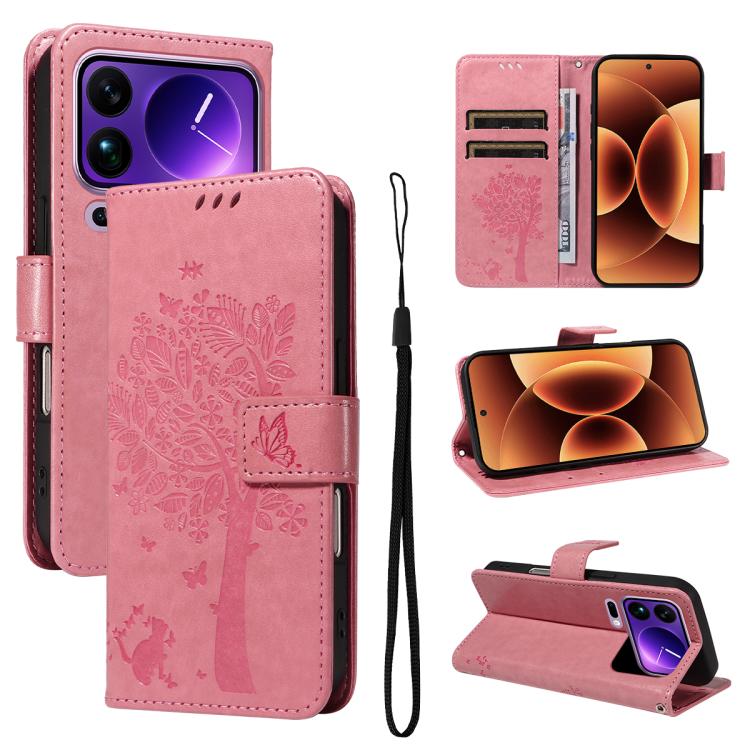 

For Xiaomi 17 Pro Max Tree & Cat Embossed Pattern Flip Leather Phone Case(Pink)