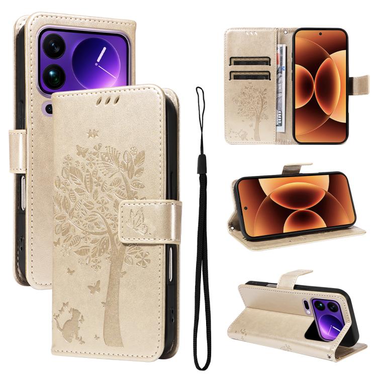 

For Xiaomi 17 Pro Max Tree & Cat Embossed Pattern Flip Leather Phone Case(Gold)