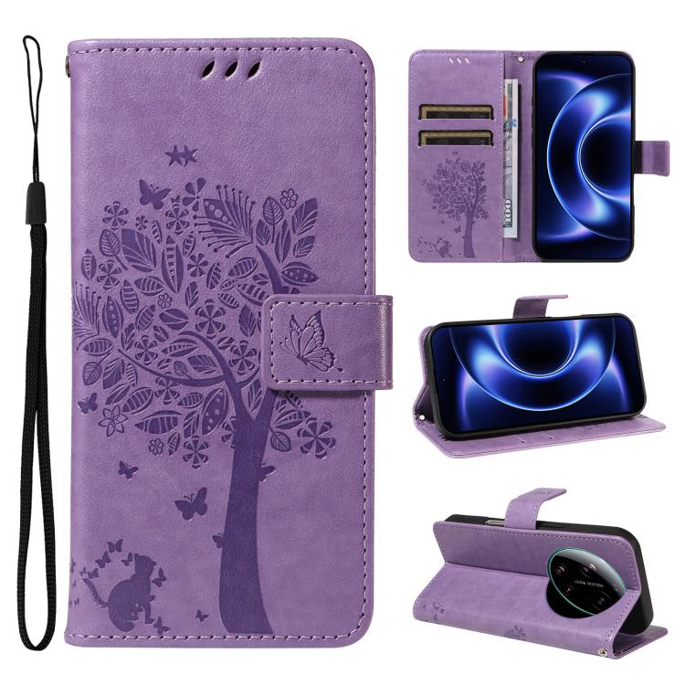 

For Xiaomi 17 Ultra Tree & Cat Embossed Pattern Flip Leather Phone Case(Light Purple)