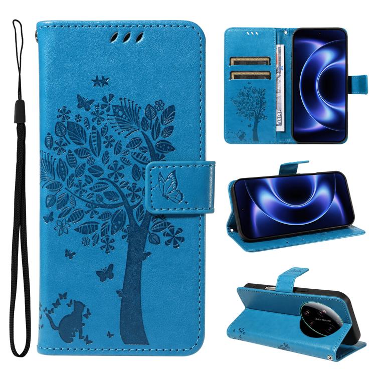 

For Xiaomi 17 Ultra Tree & Cat Embossed Pattern Flip Leather Phone Case(Blue)