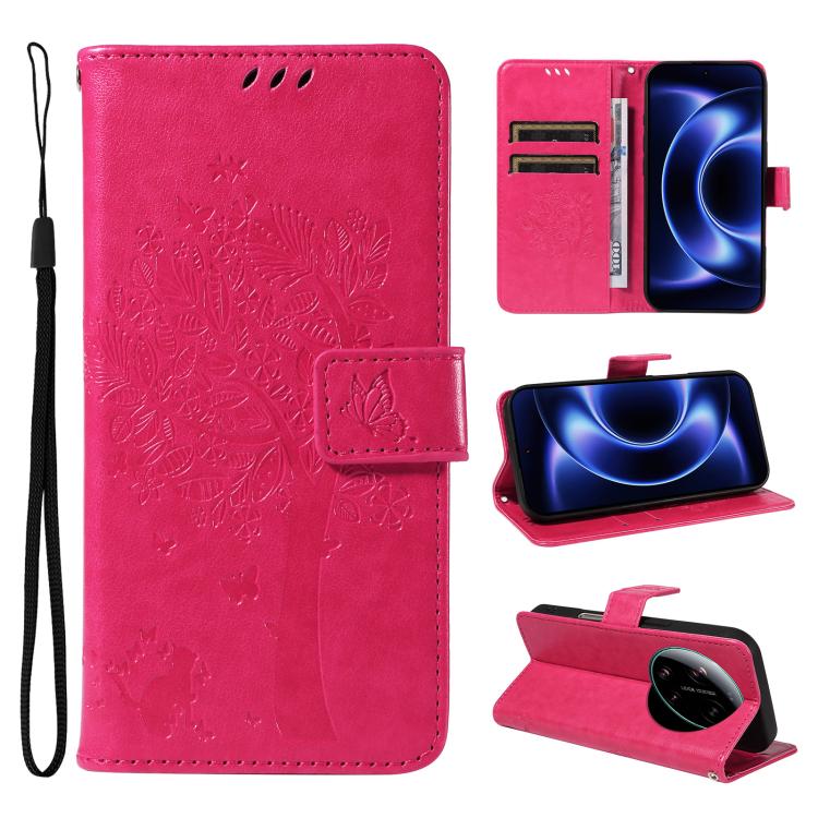 

For Xiaomi 17 Ultra Tree & Cat Embossed Pattern Flip Leather Phone Case(Rose Red)