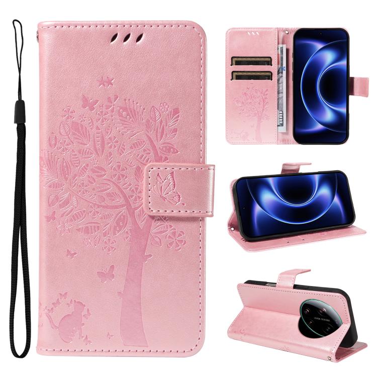 

For Xiaomi 17 Ultra Tree & Cat Embossed Pattern Flip Leather Phone Case(Rose Gold)
