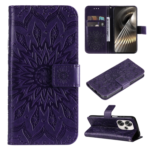 

For Xiaomi Poco F6 Embossed Sunflower Pattern Flip Leather Phone Case(Purple)
