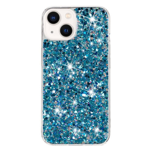 

For iPhone 15 Plus Transparent Frame Glitter Powder TPU Phone Case(Blue)