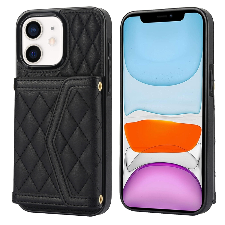 

For iPhone 11 Splicing Rhombic Texture Card Bag Phone Case with Long Lanyard(Black)