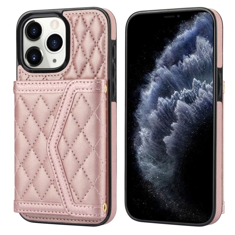 

For iPhone 11 Pro Splicing Rhombic Texture Card Bag Phone Case with Long Lanyard(Rose Gold)