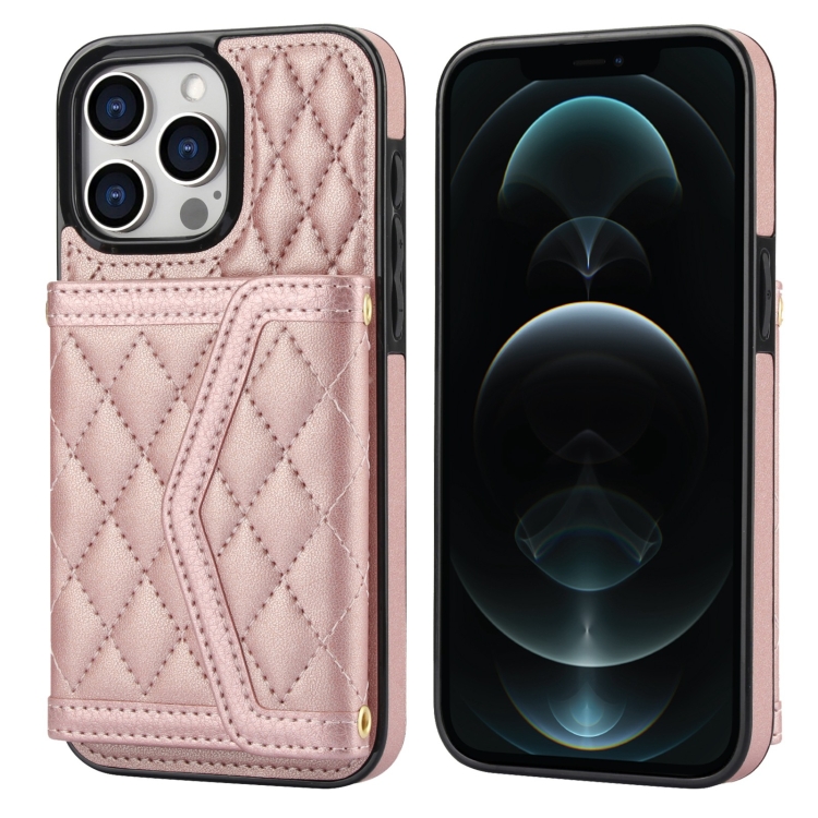 

For iPhone 12 Pro Max Splicing Rhombic Texture Card Bag Phone Case with Long Lanyard(Rose Gold)