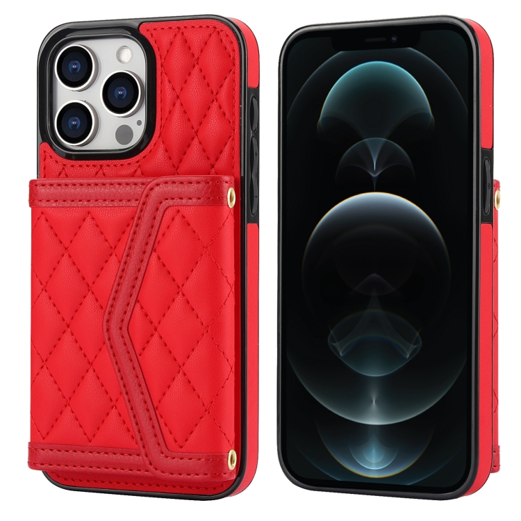 

For iPhone 12 Pro Max Splicing Rhombic Texture Card Bag Phone Case with Long Lanyard(Red)