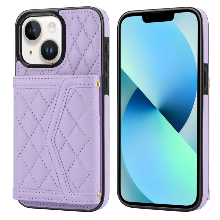 

For iPhone 13 / 14 Splicing Rhombic Texture Card Bag Phone Case with Long Lanyard(Purple)