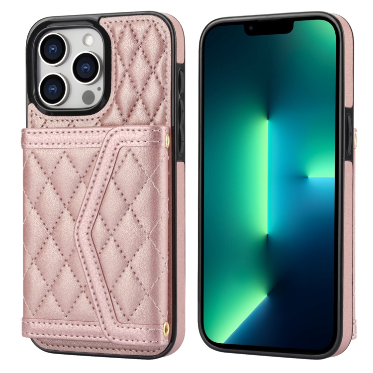 

For iPhone 13 Pro Max Splicing Rhombic Texture Card Bag Phone Case with Long Lanyard(Rose Gold)