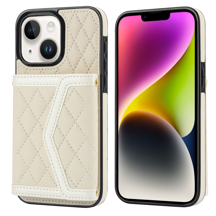 

For iPhone 14 Plus / 15 Plus Splicing Rhombic Texture Card Bag Phone Case with Long Lanyard(Beige)