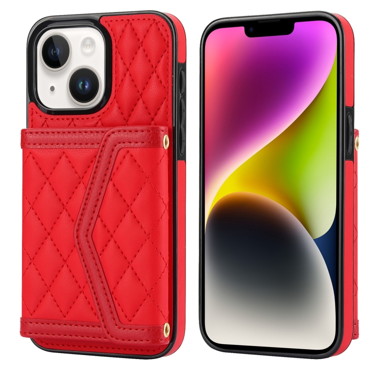 

For iPhone 14 Plus / 15 Plus Splicing Rhombic Texture Card Bag Phone Case with Long Lanyard(Red)