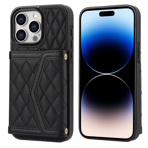 

For iPhone 14 Pro Splicing Rhombic Texture Card Bag Phone Case with Long Lanyard(Black)