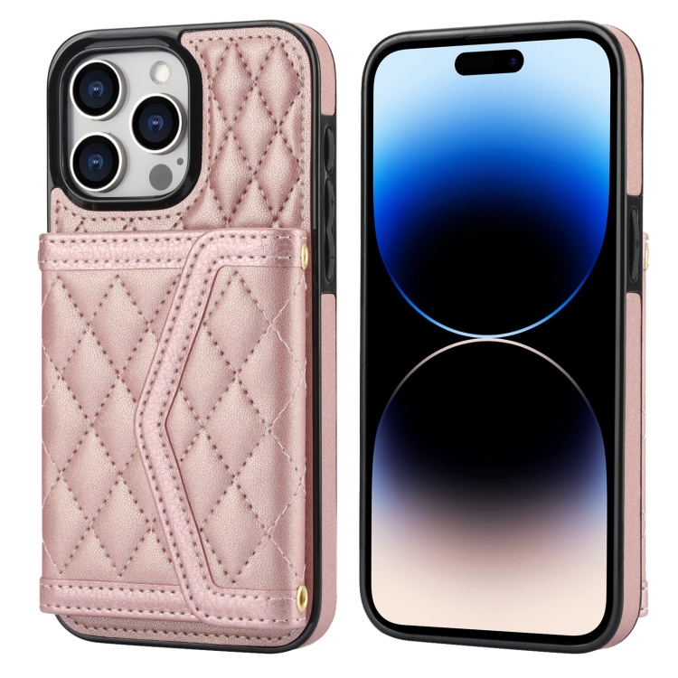 

For iPhone 14 Pro Max Splicing Rhombic Texture Card Bag Phone Case with Long Lanyard(Rose Gold)