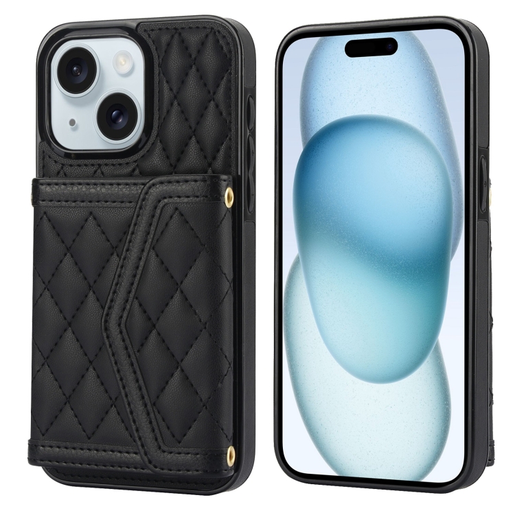 

For iPhone 15 Splicing Rhombic Texture Card Bag Phone Case with Long Lanyard(Black)