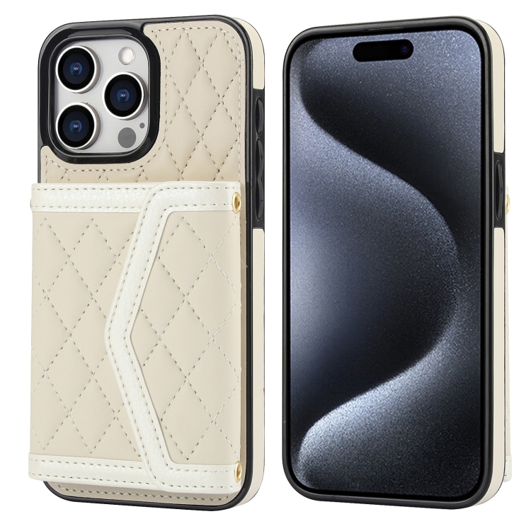 

For iPhone 15 Pro Splicing Rhombic Texture Card Bag Phone Case with Long Lanyard(Beige)