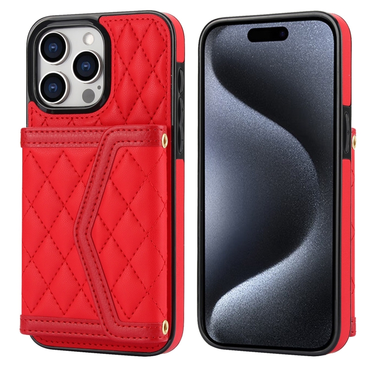 

For iPhone 15 Pro Splicing Rhombic Texture Card Bag Phone Case with Long Lanyard(Red)