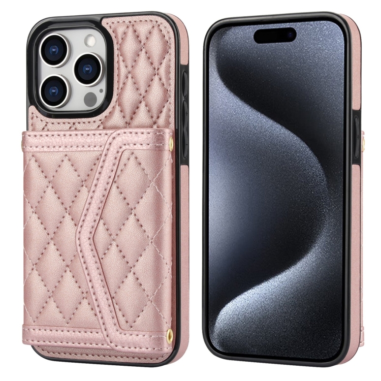 

For iPhone 15 Pro Max Splicing Rhombic Texture Card Bag Phone Case with Long Lanyard(Rose Gold)