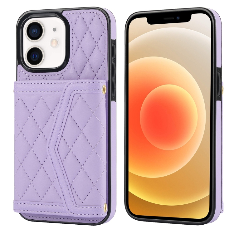 

For iPhone 12 mini Splicing Rhombic Texture Card Bag Phone Case with Long Lanyard(Purple)