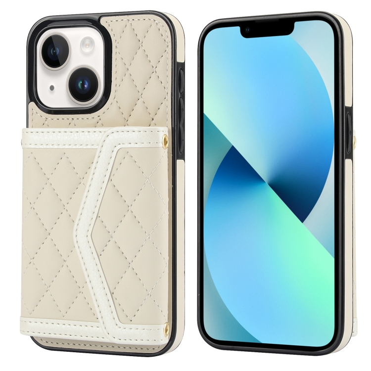 

For iPhone 13 mini Splicing Rhombic Texture Card Bag Phone Case with Long Lanyard(Beige)