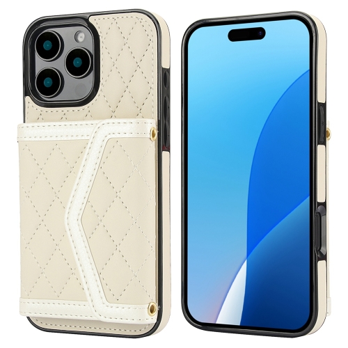 

For iPhone 16 Pro Splicing Rhombic Texture Card Bag Phone Case with Long Lanyard(Beige)