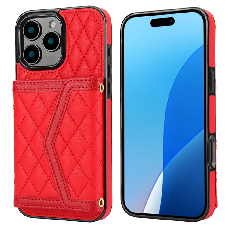 

For iPhone 16 Pro Splicing Rhombic Texture Card Bag Phone Case with Long Lanyard(Red)