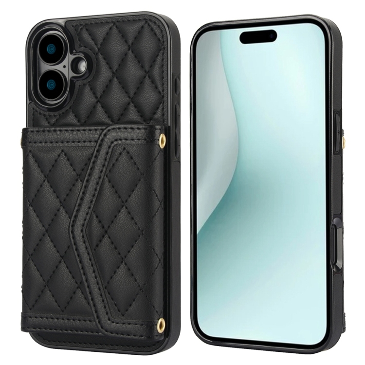 

For iPhone 16 Plus Splicing Rhombic Texture Card Bag Phone Case with Long Lanyard(Black)