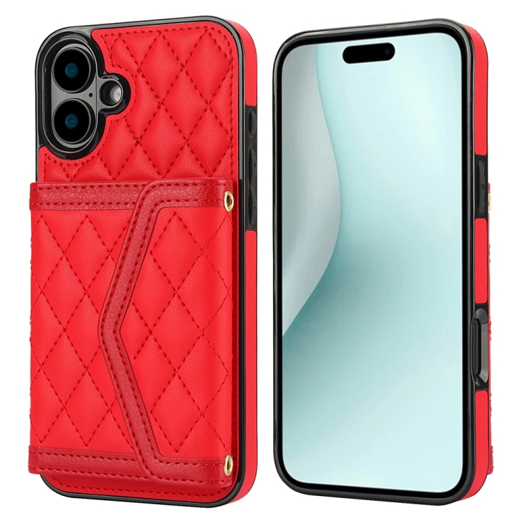 

For iPhone 16 Plus Splicing Rhombic Texture Card Bag Phone Case with Long Lanyard(Red)