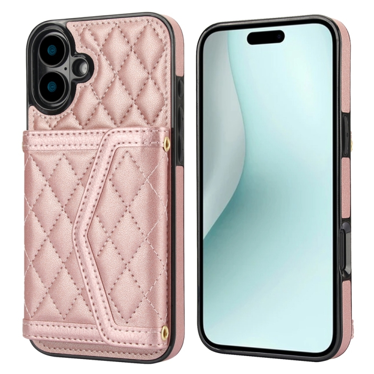 

For iPhone 16 Splicing Rhombic Texture Card Bag Phone Case with Long Lanyard(Rose Gold)