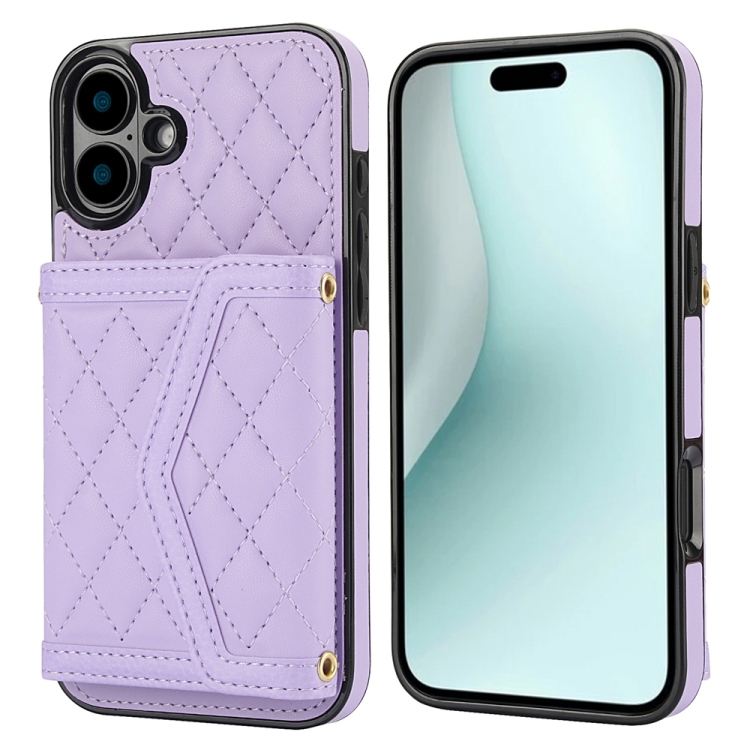 

For iPhone 16 Splicing Rhombic Texture Card Bag Phone Case with Long Lanyard(Purple)