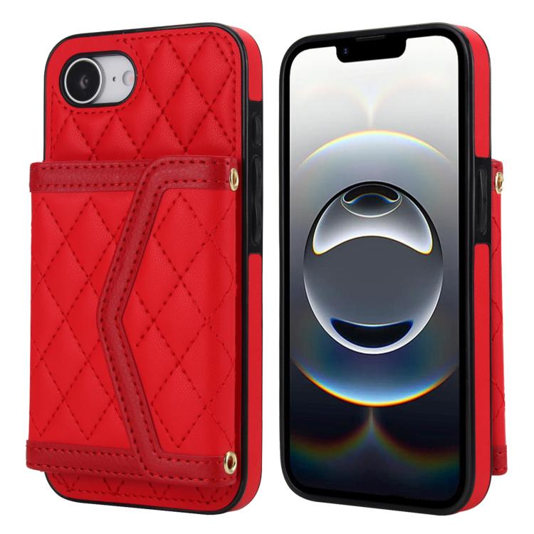 

For iPhone 16e Splicing Rhombic Texture Card Bag Phone Case with Long Lanyard(Red)