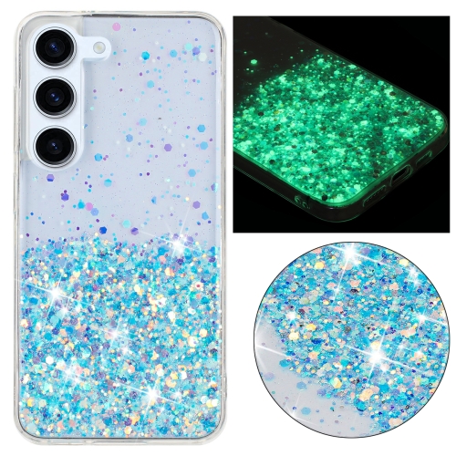 

For Samsung Galaxy S23 5G Transparent Frame Noctilucent Glitter Powder TPU Phone Case(Blue)