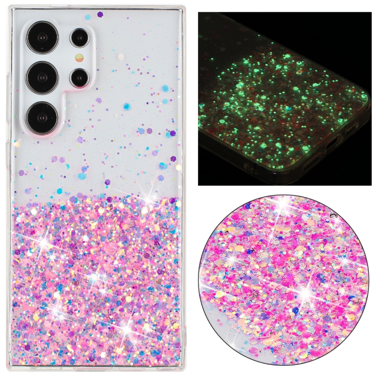 

For Samsung Galaxy S23 Ultra 5G Transparent Frame Noctilucent Glitter Powder TPU Phone Case(Pink)