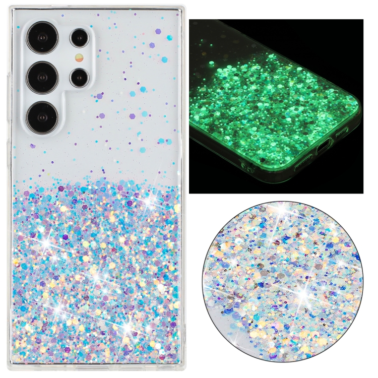 

For Samsung Galaxy S23 Ultra 5G Transparent Frame Noctilucent Glitter Powder TPU Phone Case(White)