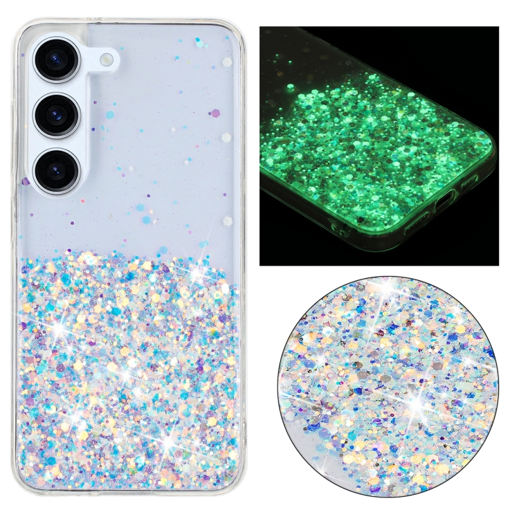 

For Samsung Galaxy S24 5G Transparent Frame Noctilucent Glitter Powder TPU Phone Case(White)