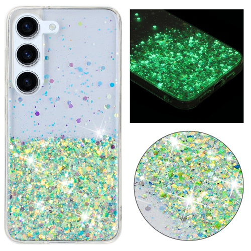 

For Samsung Galaxy S24 5G Transparent Frame Noctilucent Glitter Powder TPU Phone Case(Green)