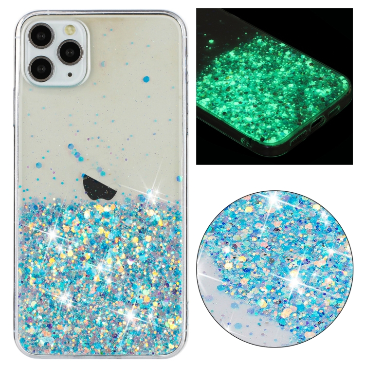 

For iPhone 11 Pro Max Transparent Frame Noctilucent Glitter Powder TPU Phone Case(Blue)