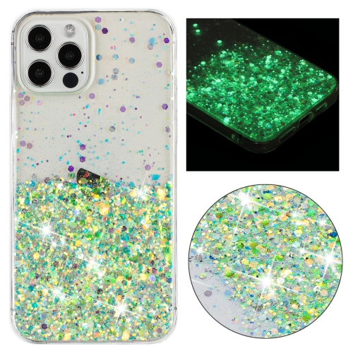 

For iPhone 12 Pro Transparent Frame Noctilucent Glitter Powder TPU Phone Case(Green)