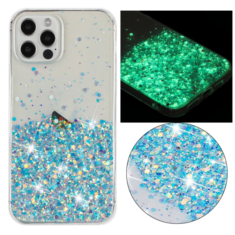 

For iPhone 12 Pro Max Transparent Frame Noctilucent Glitter Powder TPU Phone Case(Blue)