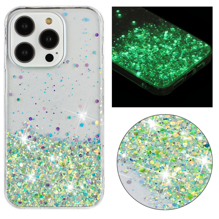 

For iPhone 13 Pro Transparent Frame Noctilucent Glitter Powder TPU Phone Case(Green)