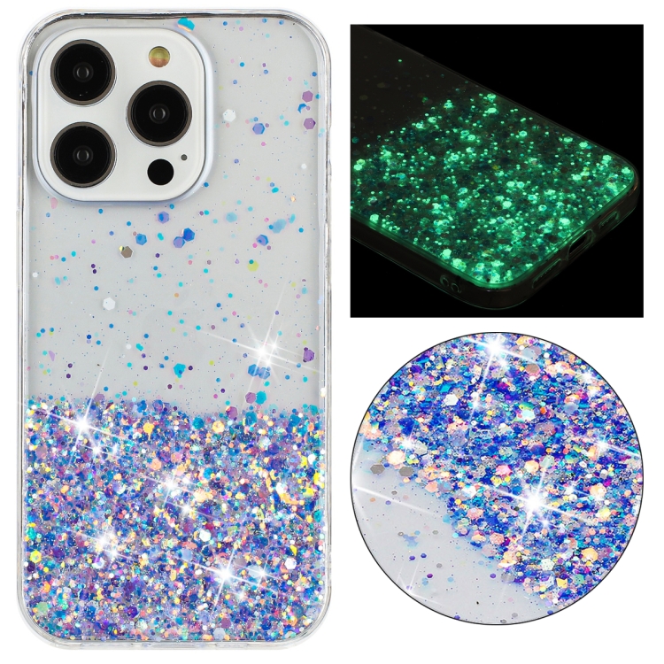 

For iPhone 14 Pro Max Transparent Frame Noctilucent Glitter Powder TPU Phone Case(Purple)