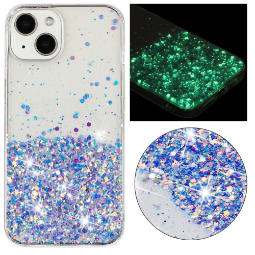 

For iPhone 15 Plus Transparent Frame Noctilucent Glitter Powder TPU Phone Case(Purple)