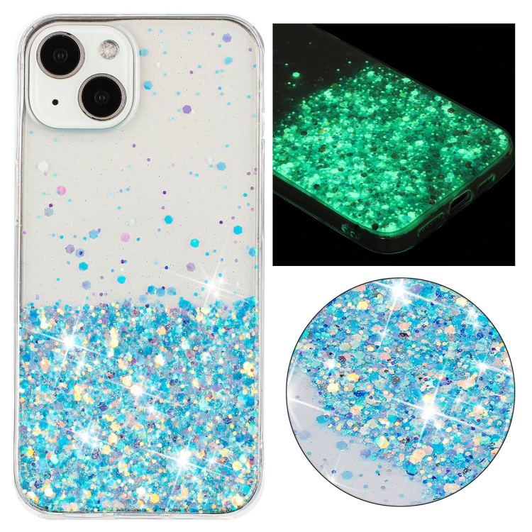 

For iPhone 15 Plus Transparent Frame Noctilucent Glitter Powder TPU Phone Case(Blue)