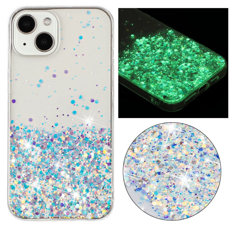 

For iPhone 15 Transparent Frame Noctilucent Glitter Powder TPU Phone Case(White)